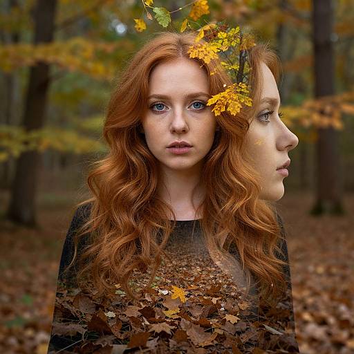 Photograph of a red-haired woman with blue eyes, wearing a black top, surrounded by autumn leaves, with a ghostly profile superimposed behind
