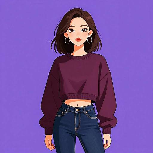 Digital anime-style drawing of a young woman with dark brown hair, wearing a purple sweater, blue jeans, and hoop earrings, against a solid purple background