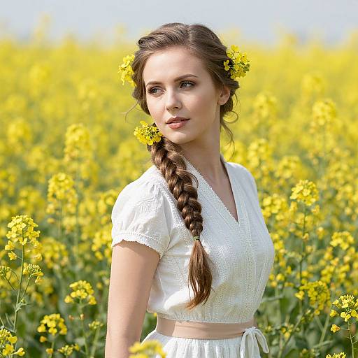 Photograph of a young woman with braided brown hair, wearing a white, short-sleeved, textured blouse, standing in a vibrant yellow wild