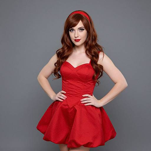 Photograph of a pale-skinned woman with long, wavy red hair, wearing a red dress, red headband, and red lipstick, standing