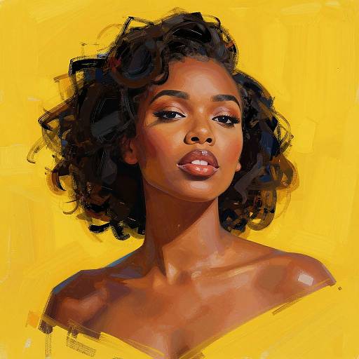 Digital painting of a beautiful dark-skinned woman with curly black hair, glossy lips, and yellow off-shoulder top against a vibrant yellow background.