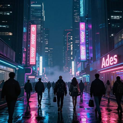 Neon-lit, rain-soaked urban street at night, bustling with silhouetted pedestrians. Bright, colorful LED signs, including 