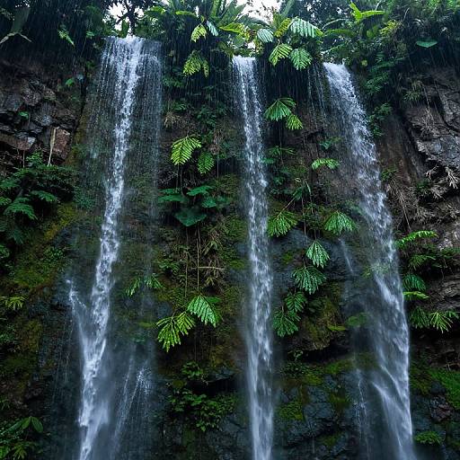 Photograph of a lush, tropical waterfall with three vertical streams cascading down a rocky cliff, surrounded by vibrant green ferns.