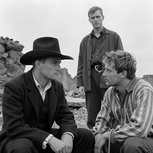 Historical Three Men in Rocky Landscape