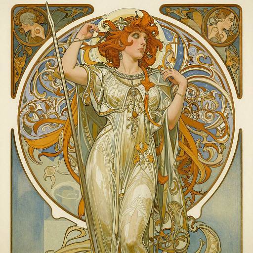 Art Nouveau-style illustration of a red-haired woman in an elegant, flowing white gown, holding a spear, with intricate, swirling patterns behind her.