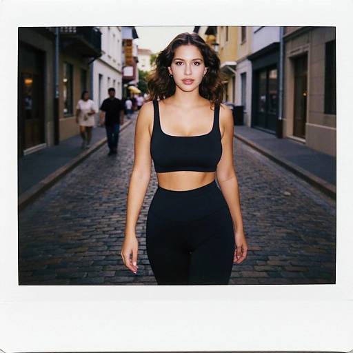 Photograph of a young woman with curly brown hair, wearing a black sports bra and high-waisted black pants, standing confidently on a cobble