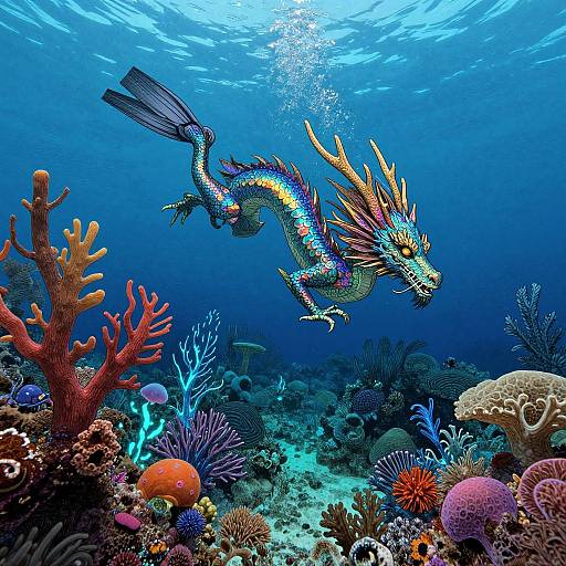 Vibrant digital illustration of a colorful, serpentine dragon fish with blue, yellow, and orange scales, swimming among a vivid underwater coral reef