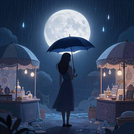 Digital illustration of a girl in a dark dress holding an umbrella, silhouetted against a full moon in a rainy night market with glowing lanterns