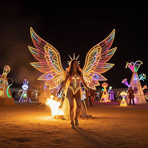 Photograph of a night festival featuring a person with illuminated, colorful angel wings, standing in front of a burning fire, surrounded by glowing, neon light