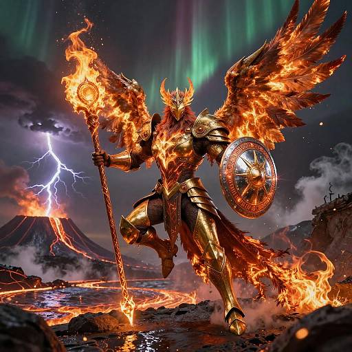 Armored Phoenix Battle-Mage in Volcanic Landscape