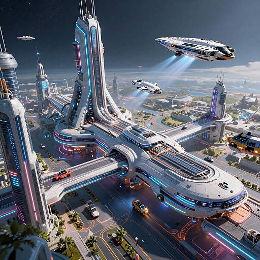 Futuristic cityscape CGI: glowing skyscrapers, flying cars, neon lights, space station, high-speed highways, sleek architecture, vibrant colors