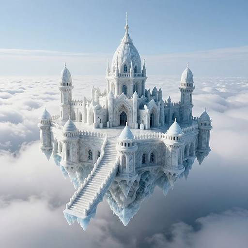 Digital rendering of a white, cloud-like, domed castle floating above fluffy clouds, with a central staircase and multiple pointed towers.