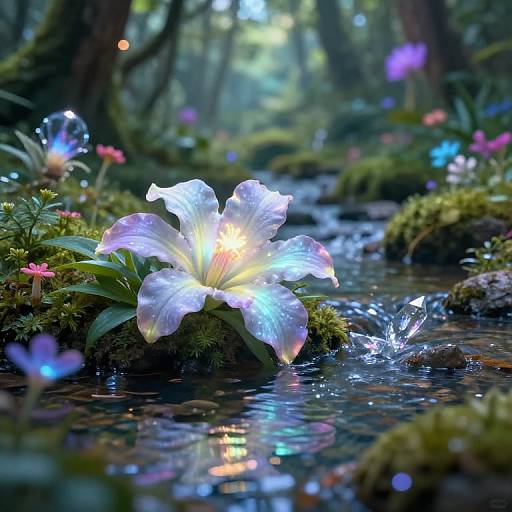 Magical forest scene with glowing white flower by a sparkling stream, surrounded by colorful butterflies and lush greenery. Photorealistic CGI.