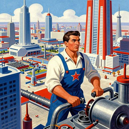 Digital artwork of a muscular man in blue overalls with a red star, operating machinery in a vibrant, retro-style cityscape.