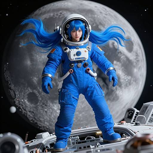 Blue Spacesuit Girl in Space Vehicle