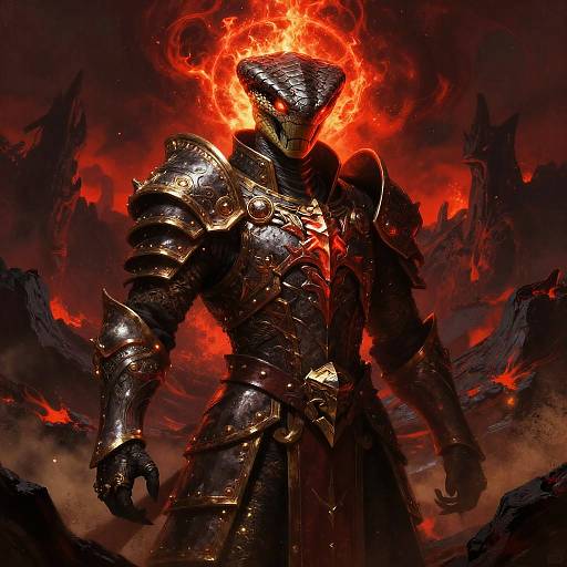 Digital art of a menacing, armored figure with a fiery, glowing head, standing in a dark, volcanic landscape. Red and black hues dominate. Fi