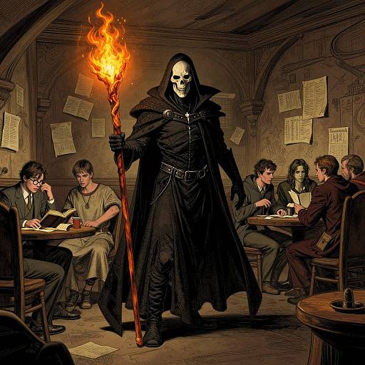 Digital illustration: Grim Reaper with skull face, black cloak, and flaming staff enters a dimly lit, medieval-style study room where six scholars write on