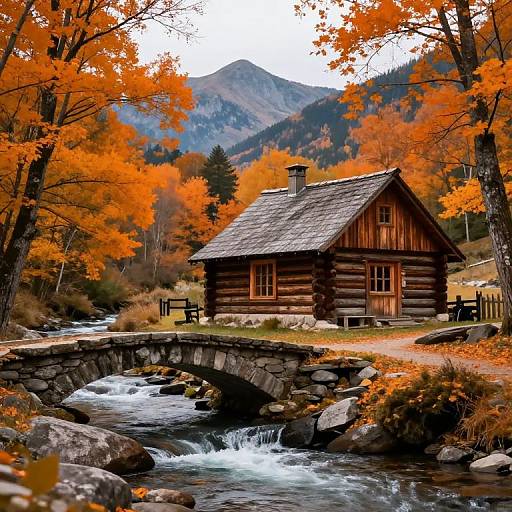Photograph of a rustic log cabin with a shingled roof, situated by a stone bridge over a flowing stream, surrounded by vibrant orange autumn leaves