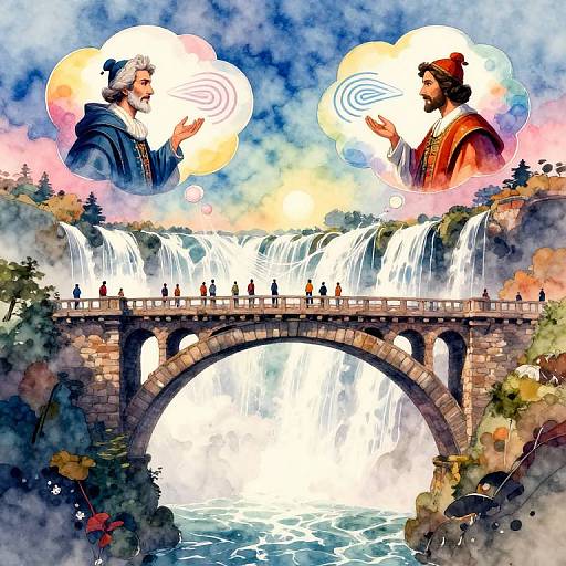 Illustration of a stone bridge over a cascading waterfall, with two illuminated, cloud-like figures of bearded men above, each holding glowing spirals