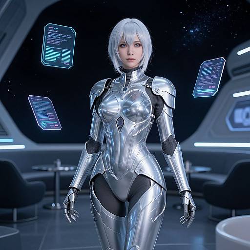 CGI image of a silver-haired woman in a shiny, futuristic, metallic bodysuit with cybernetic enhancements, floating holographic screens, and