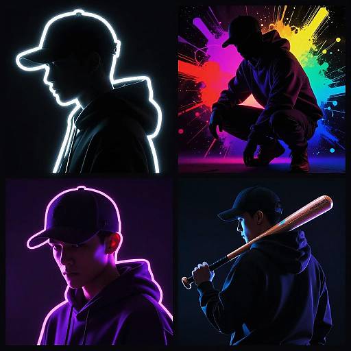 Digital art of four silhouetted male figures in black hoodies and caps, illuminated with neon outlines and vibrant splashes. Top-left: white