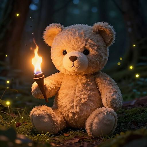 Glowing Teddy Bear in Dark Forest