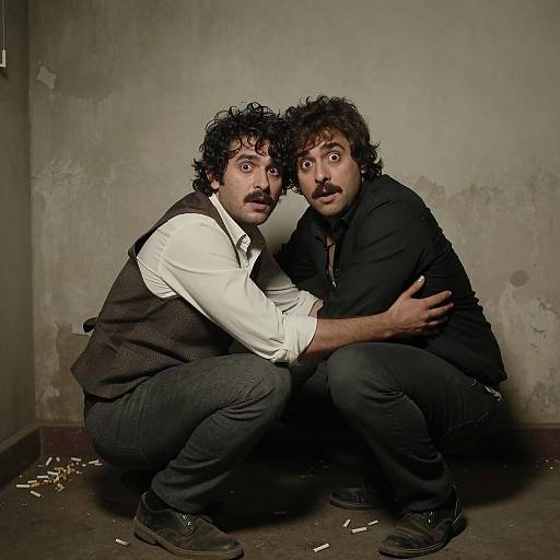 Two Men Crouching and Hugging in Dimly Lit Room