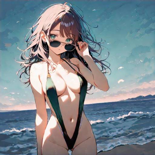 Girl in Slingshot Swimsuit at Sunset