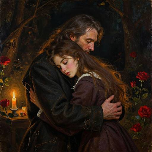 Dark, romantic painting of a man embracing a sleeping woman with long brown hair, surrounded by red roses and a lit candle.