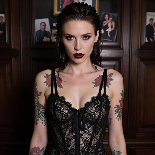 Photograph of a pale-skinned woman with wet black hair, dark red lipstick, black lace corset, and red rose tattoos, standing in a