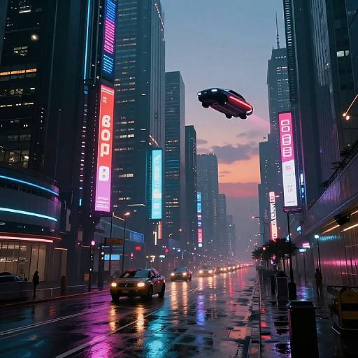 Photograph-style digital art of a neon-lit, rainy city street at twilight, with a flying car above and glowing 