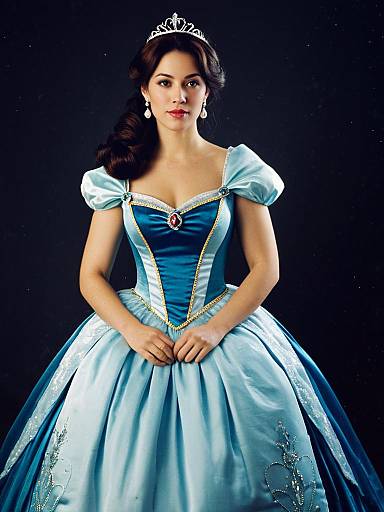 Photograph of a beautiful Asian woman with long black hair, wearing a royal blue satin princess dress, tiara, and white earrings, standing against a