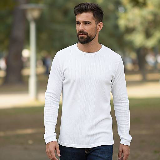 Photograph of a bearded man with dark hair, wearing a white ribbed long-sleeve shirt and blue jeans, standing in a blurred park