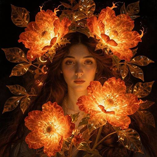 Photograph of a woman with glowing orange flowers in her hair, illuminated against a black background, creating an ethereal, fiery halo effect.
