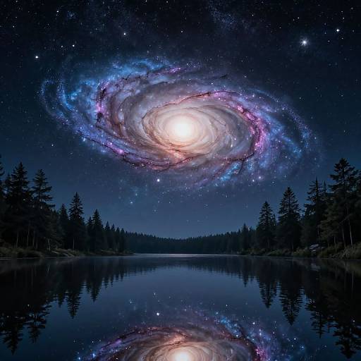Photograph-like digital artwork of a glowing spiral galaxy above a tranquil, starlit forest lake, with silhouetted pine trees and a perfect reflection