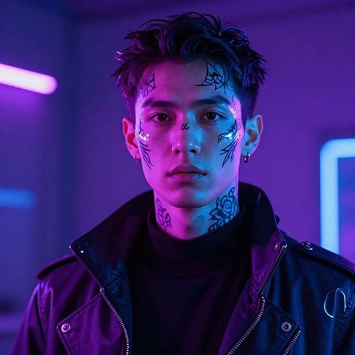 Photograph of a young man with short dark hair, black tattoos on face and neck, wearing a dark jacket, illuminated by purple and blue neon lights