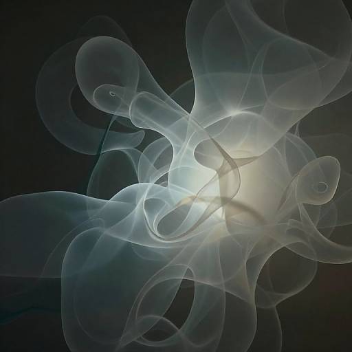 Abstract digital artwork featuring ethereal, translucent blue and white smoke-like shapes swirling around a bright, glowing central light against a dark background.