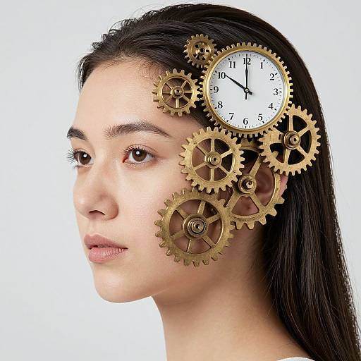Photograph of a young woman with long black hair, brown eyes, and light skin, wearing intricate gold gears and a clock on her head, against