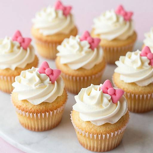 Photograph of six vanilla cupcakes with white swirled frosting, topped with pink heart-shaped sprinkles, in white paper liners.