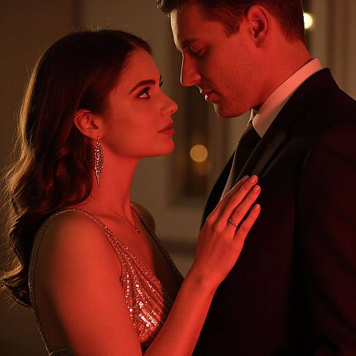 Romantic Embrace in Warm Red Lighting