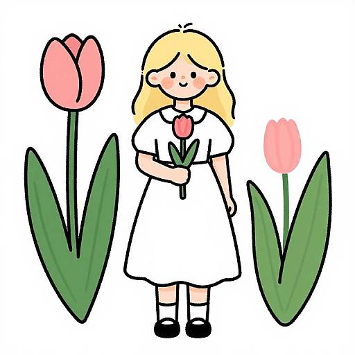Cartoon-style drawing of a blonde girl in a white dress holding a red tulip, standing between two pink tulips with green leaves.