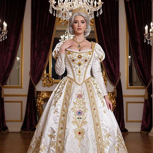 Elegant digital portrait of a regal woman in a lavish white and gold embroidered gown, crowned, with silver hair, standing in a luxurious room with