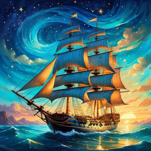 Sailing Ship at Sunset with Starry Sky