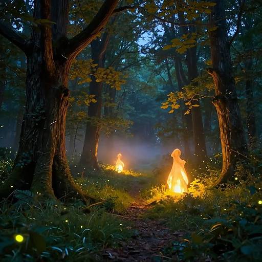 Photograph of a mystical forest at dusk, illuminated by glowing fireflies and bright orange campfires amidst towering trees and mist.