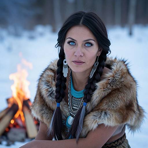 Photograph of a woman with blue eyes, dark braided hair, wearing a fur-lined jacket, layered necklaces, and turquoise beads, sitting in