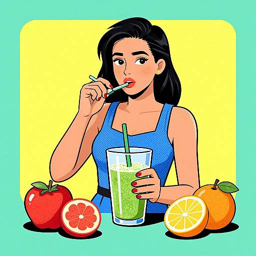 Digital pop art of a woman with black hair, wearing a blue tank top, sipping a green drink with a straw, surrounded by red grapefruit