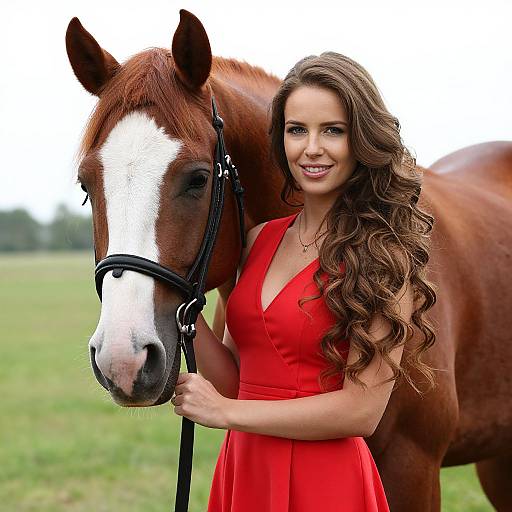 Photograph of a smiling woman with long brown hair in a red dress, standing beside a brown and white horse in a green field.