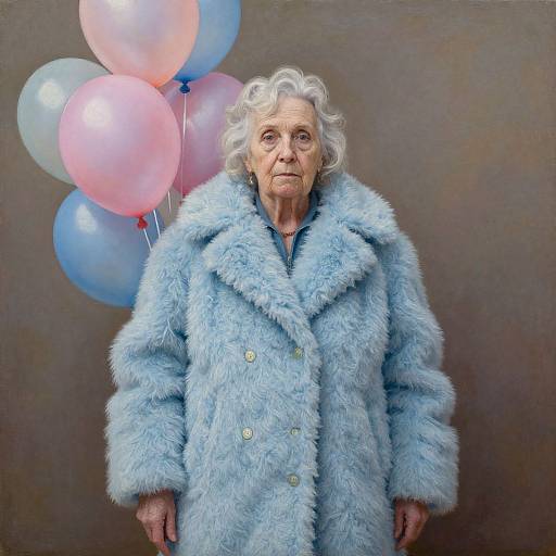 Photograph of an elderly woman with curly white hair, wearing a light blue, fluffy coat, standing against a brown wall, holding pastel-colored balloons