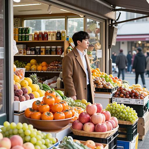 Photograph of a young man in a brown coat standing at a vibrant fruit and vegetable market stall, surrounded by colorful produce.