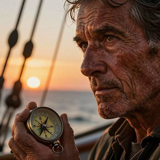 Photograph of an older man with weathered skin and gray hair, holding a compass, looking intently at the sunset sea horizon.